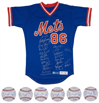 Lot of (6) 1986 New York Mets Team Signed Baseballs and (1) New York Mets Bat Boy Team Signed Jersey (MLB Authenticated & PSA/DNA PreCert)